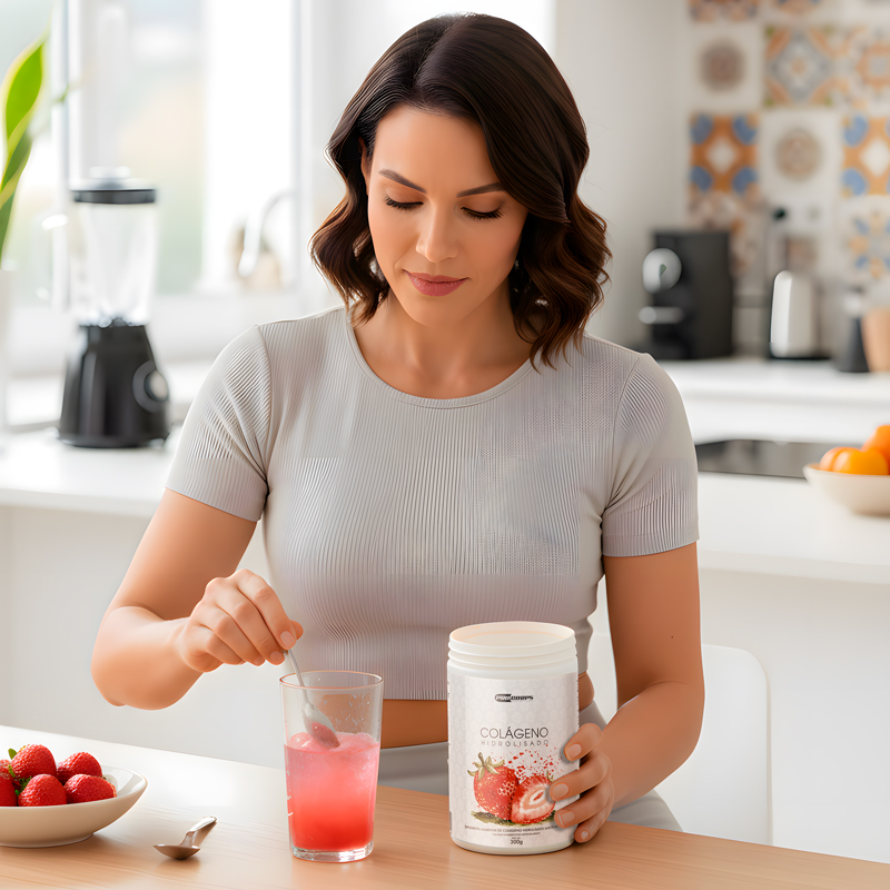 Mulher branca na cozinha preparando o colágeno hidrolisado sabor morango da Pro Corps